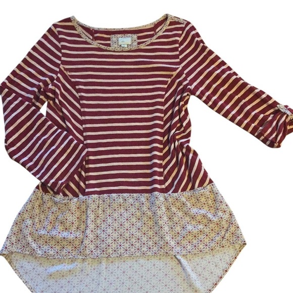 Postmark Anthropologie Burgundy Striped Mixed Media Peplum Tunic Top Medium - Picture 4 of 7